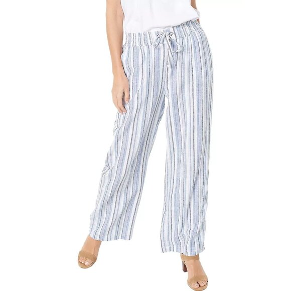 Briggs Womens Wide Leg Pants SZ M White & Blue Striped Elastic Waist Linen Blend - Picture 1 of 12